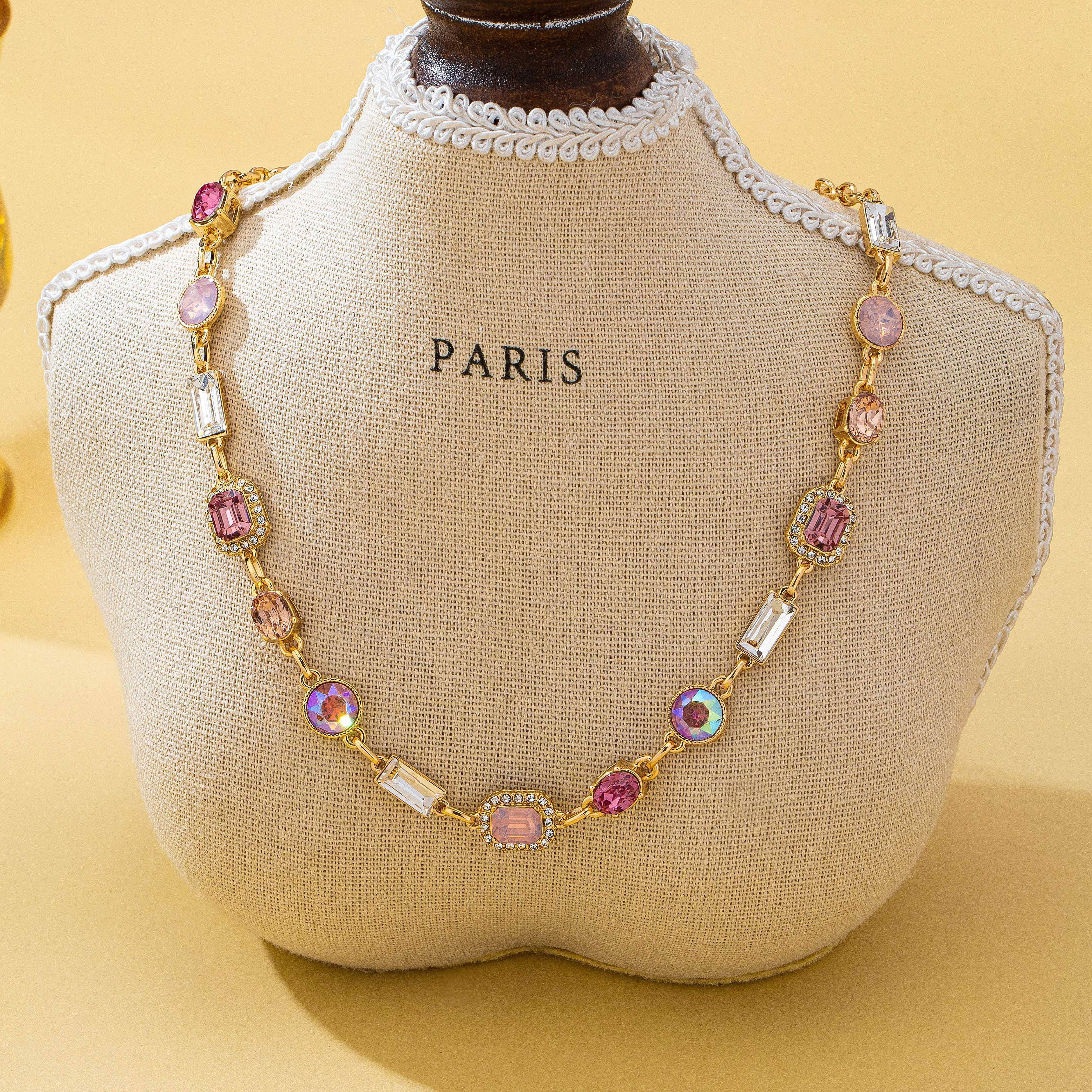 Mixed-Shape Pink & Clear Crystal Station Necklace | 80N93267