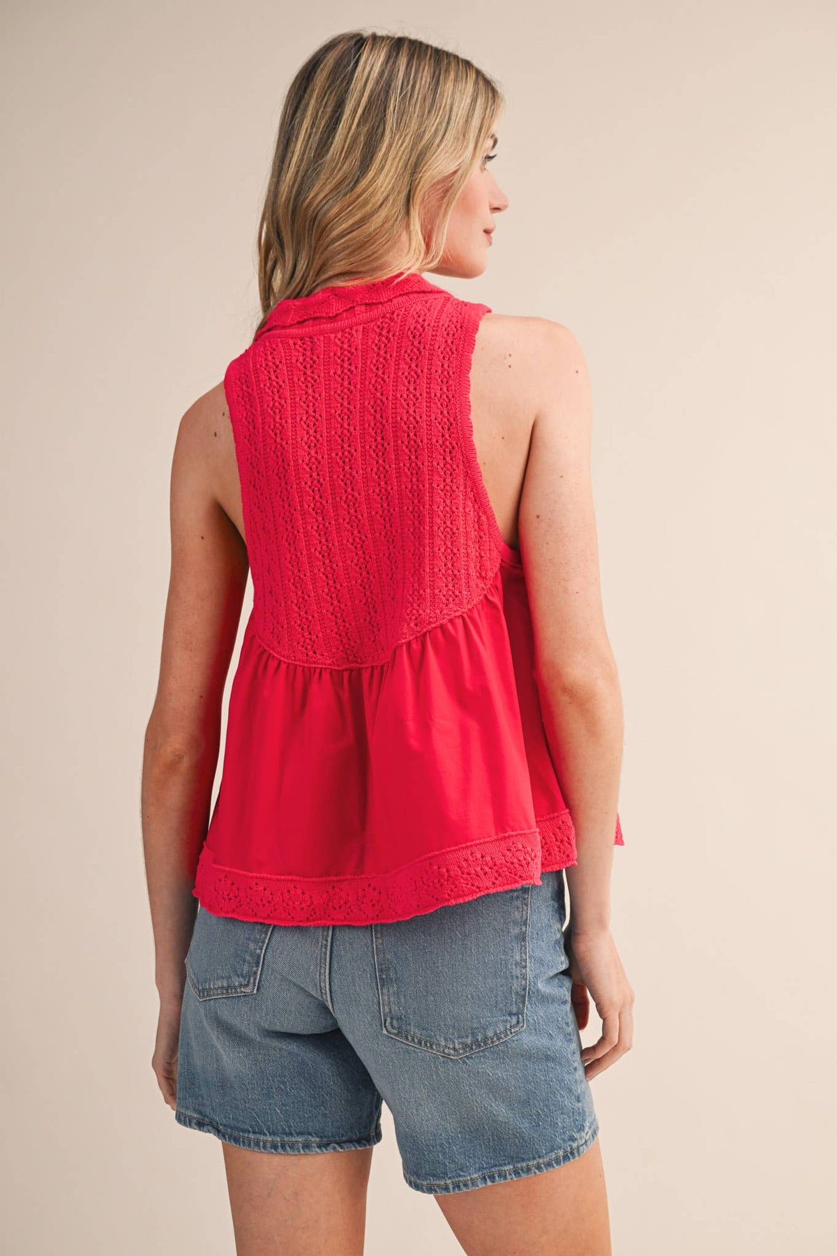 MIXED MEDIA COLLARED BUTTON DOWN SWEATER TOP MSW11289