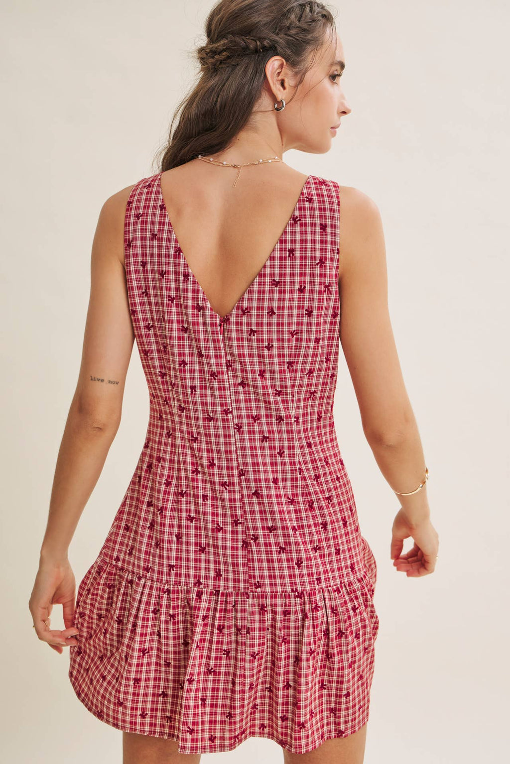 CHARMING FLOCKED PLAID TAILORED DROP WAIST MINI DRESS
