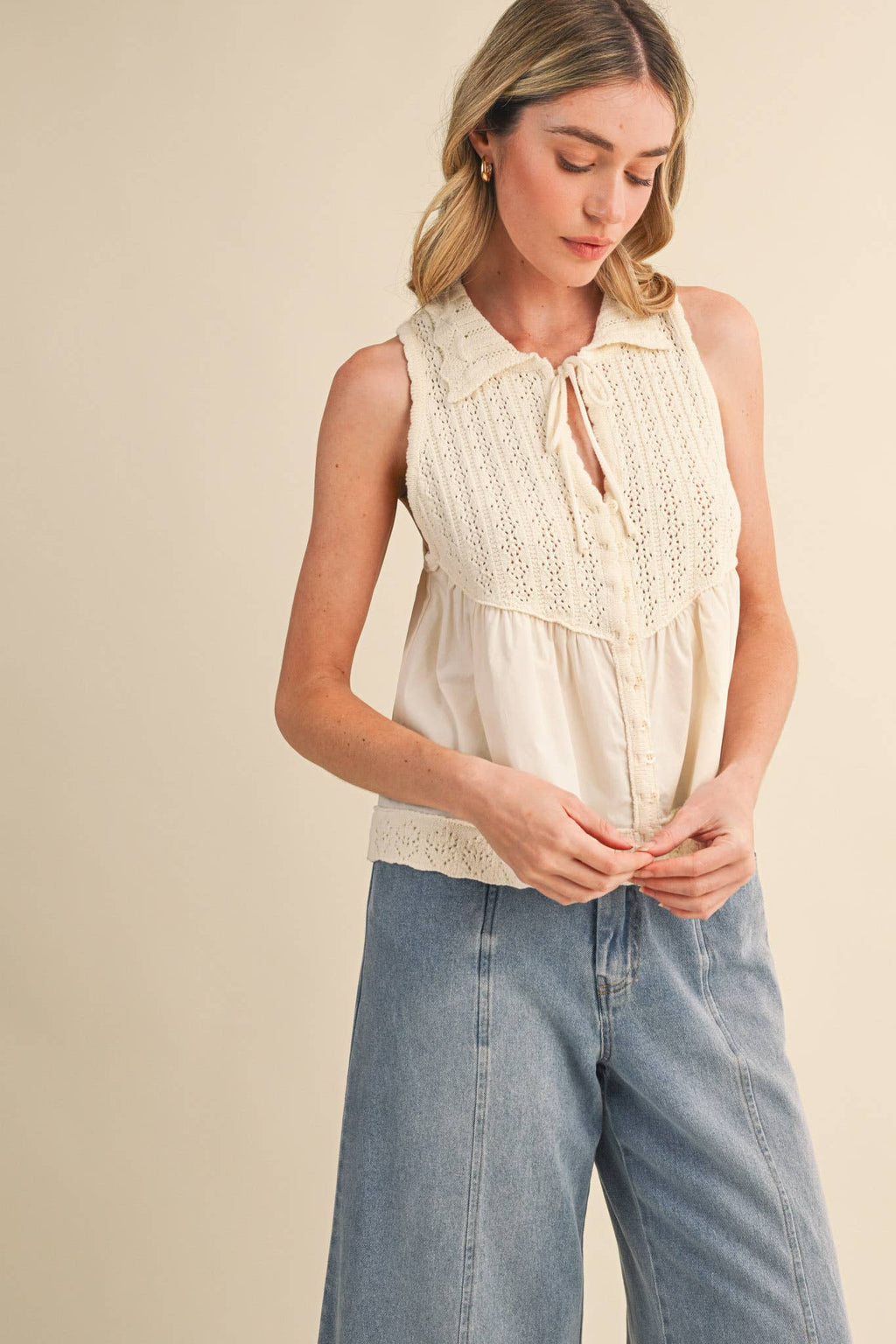 MIXED MEDIA COLLARED BUTTON DOWN SWEATER TOP MSW11289