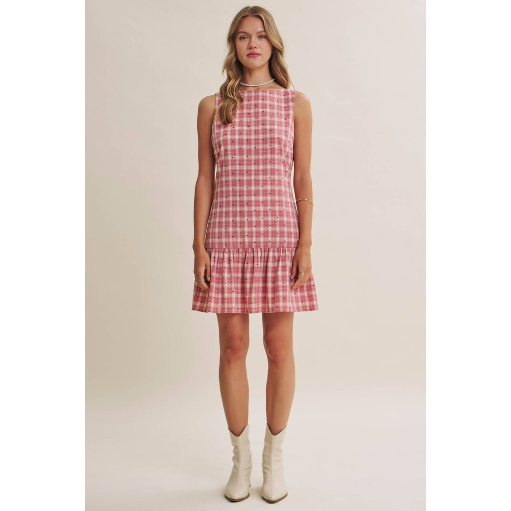 CHARMING FLOCKED PLAID TAILORED DROP WAIST MINI DRESS