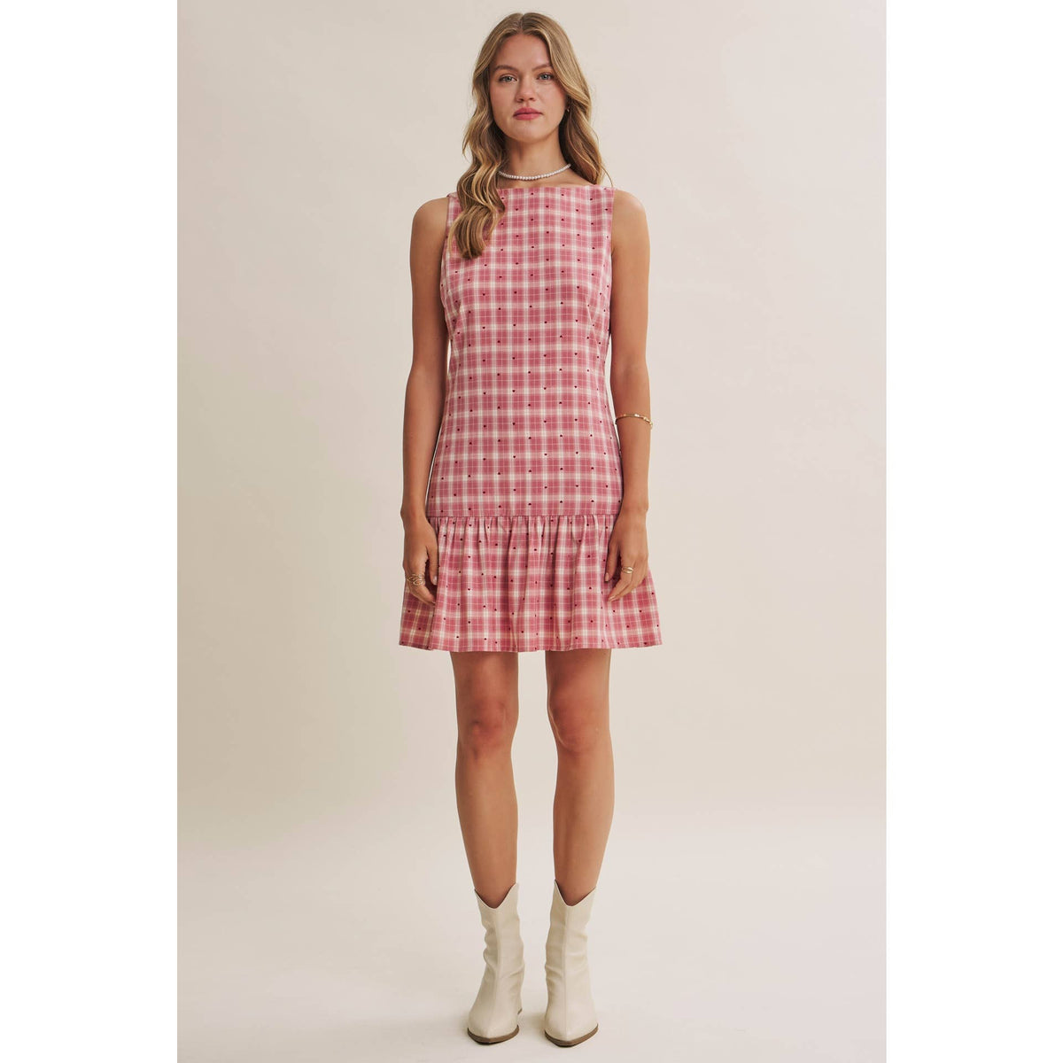 CHARMING FLOCKED PLAID TAILORED DROP WAIST MINI DRESS