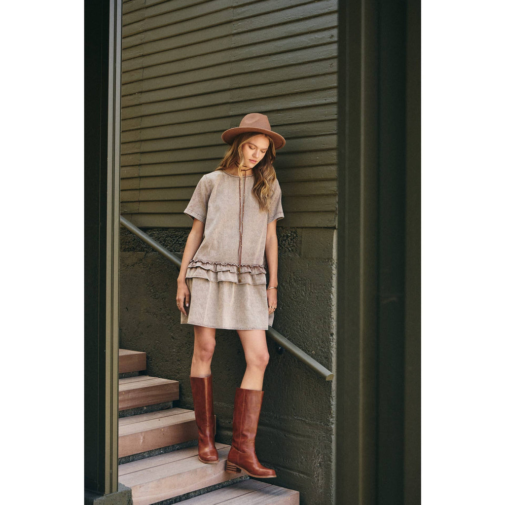 DUSTY ROAD MINERAL-WASHED COTTON TWILL RUFFLED MINI DRESS
