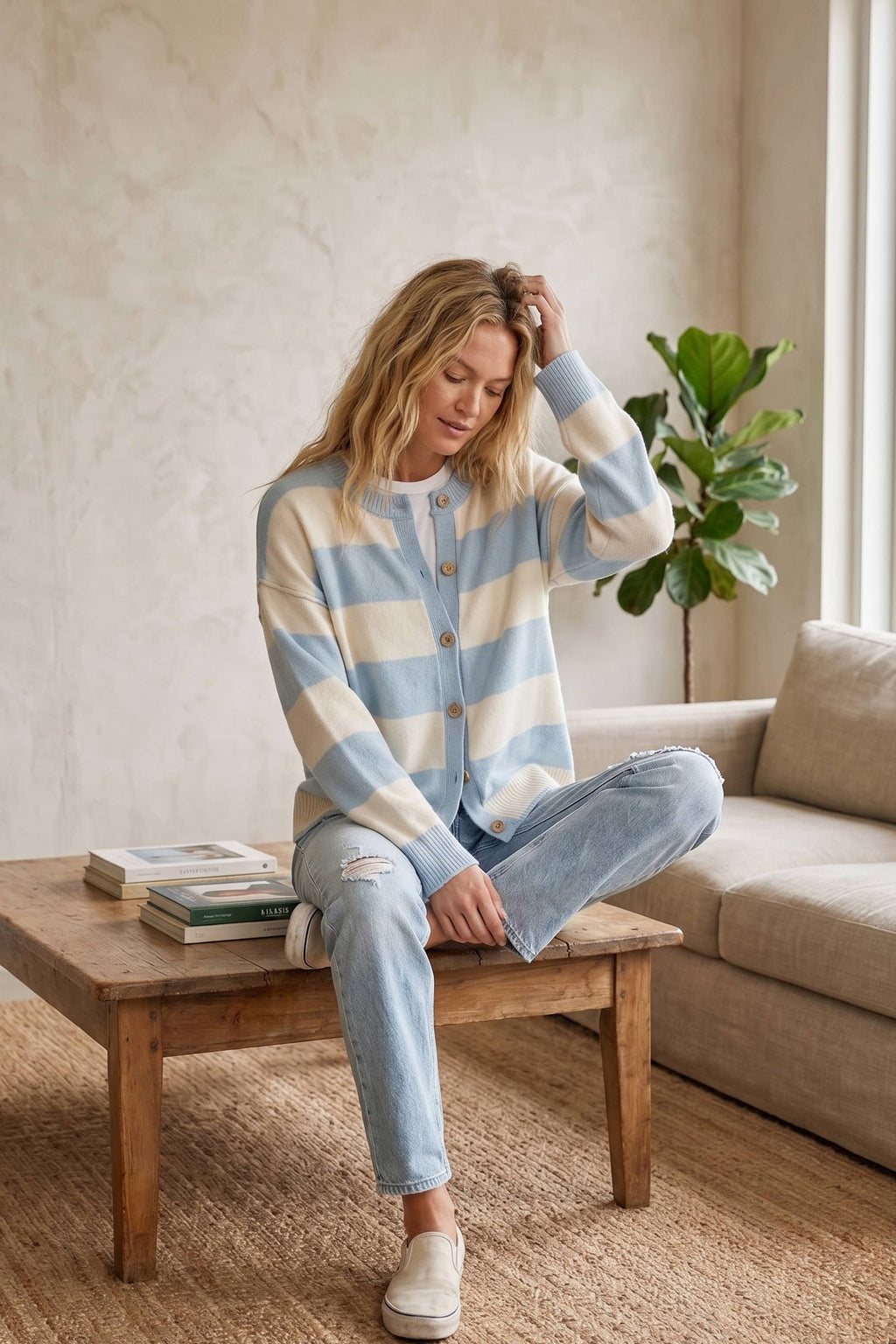 Oversized Stripe Button Front Sweater Cardigan