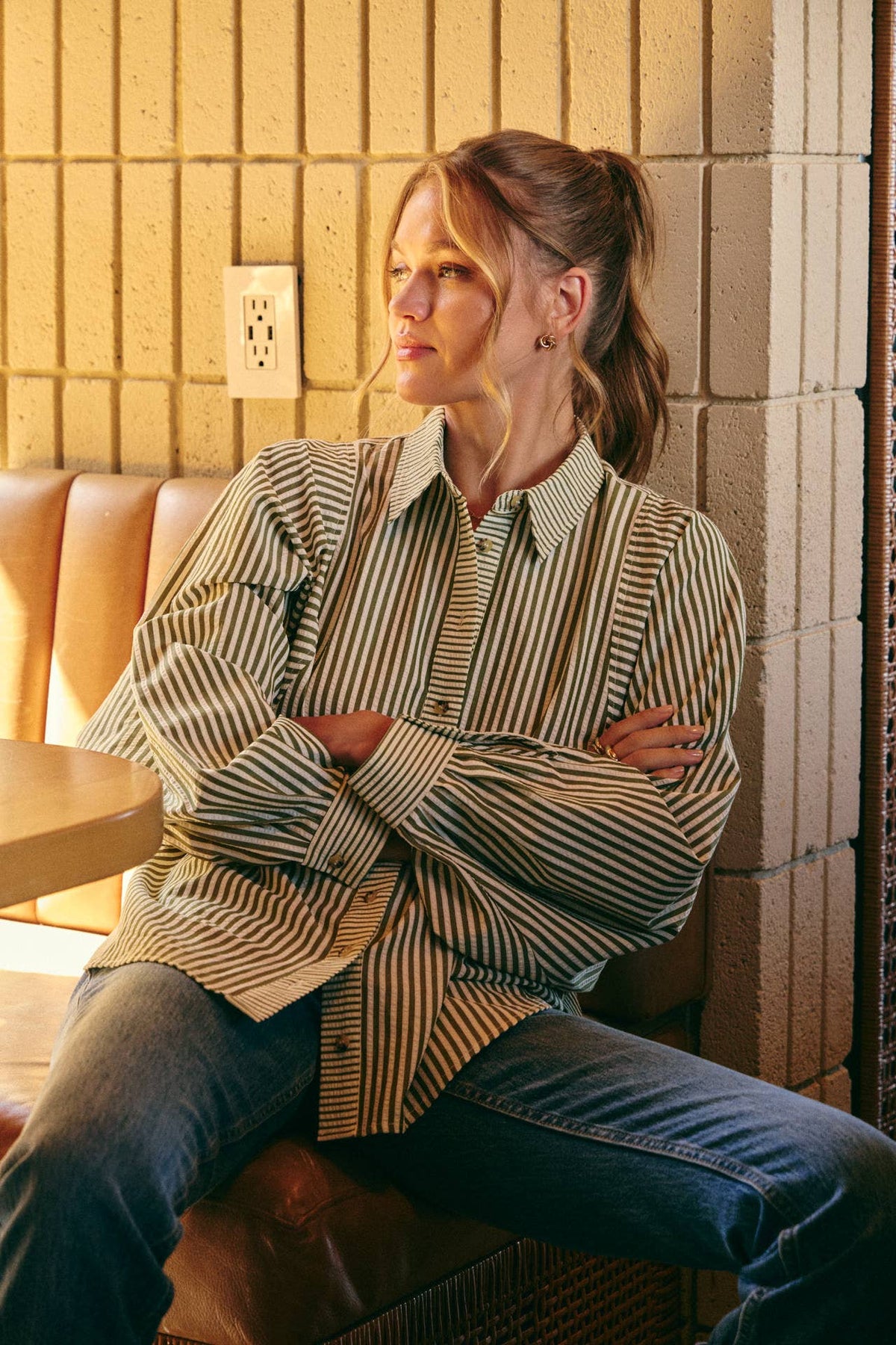 FRENCH CAFE MIXED STRIPE BATWING BUTTON-DOWN SHIRT