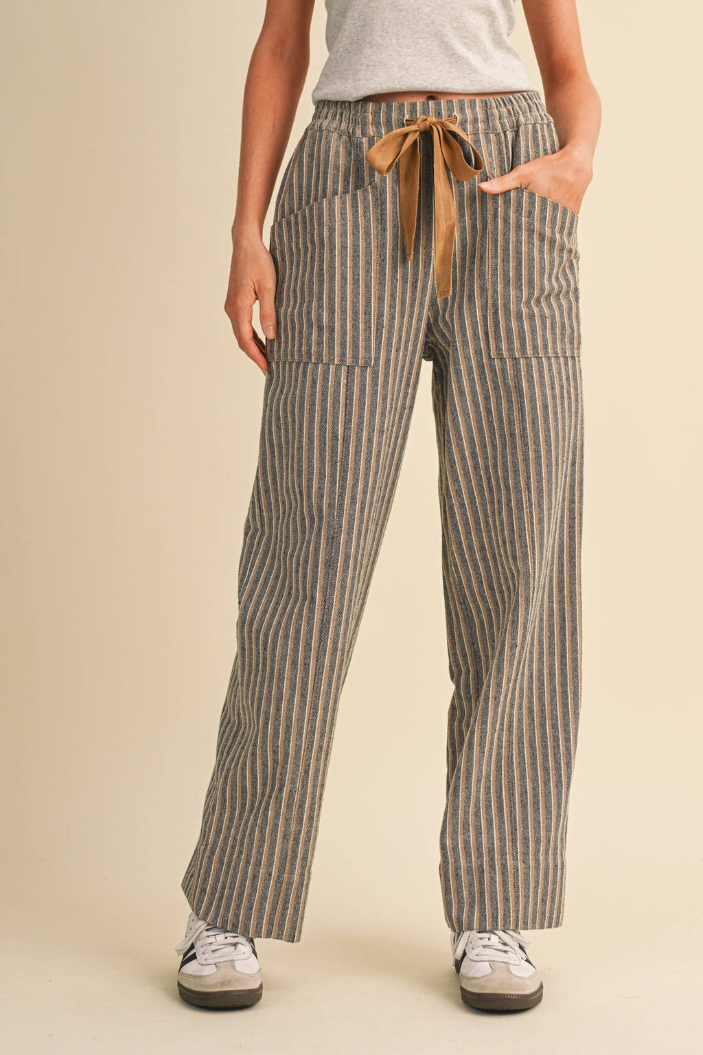 STRIPED WIDE LEG DRAWSTRING PANTS MP5300