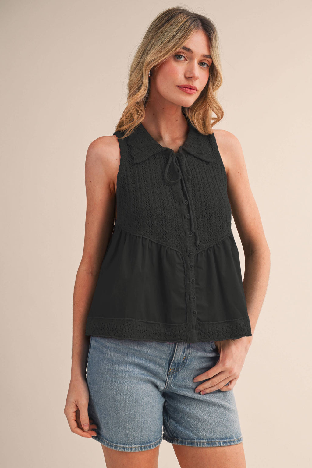 MIXED MEDIA COLLARED BUTTON DOWN SWEATER TOP MSW11289