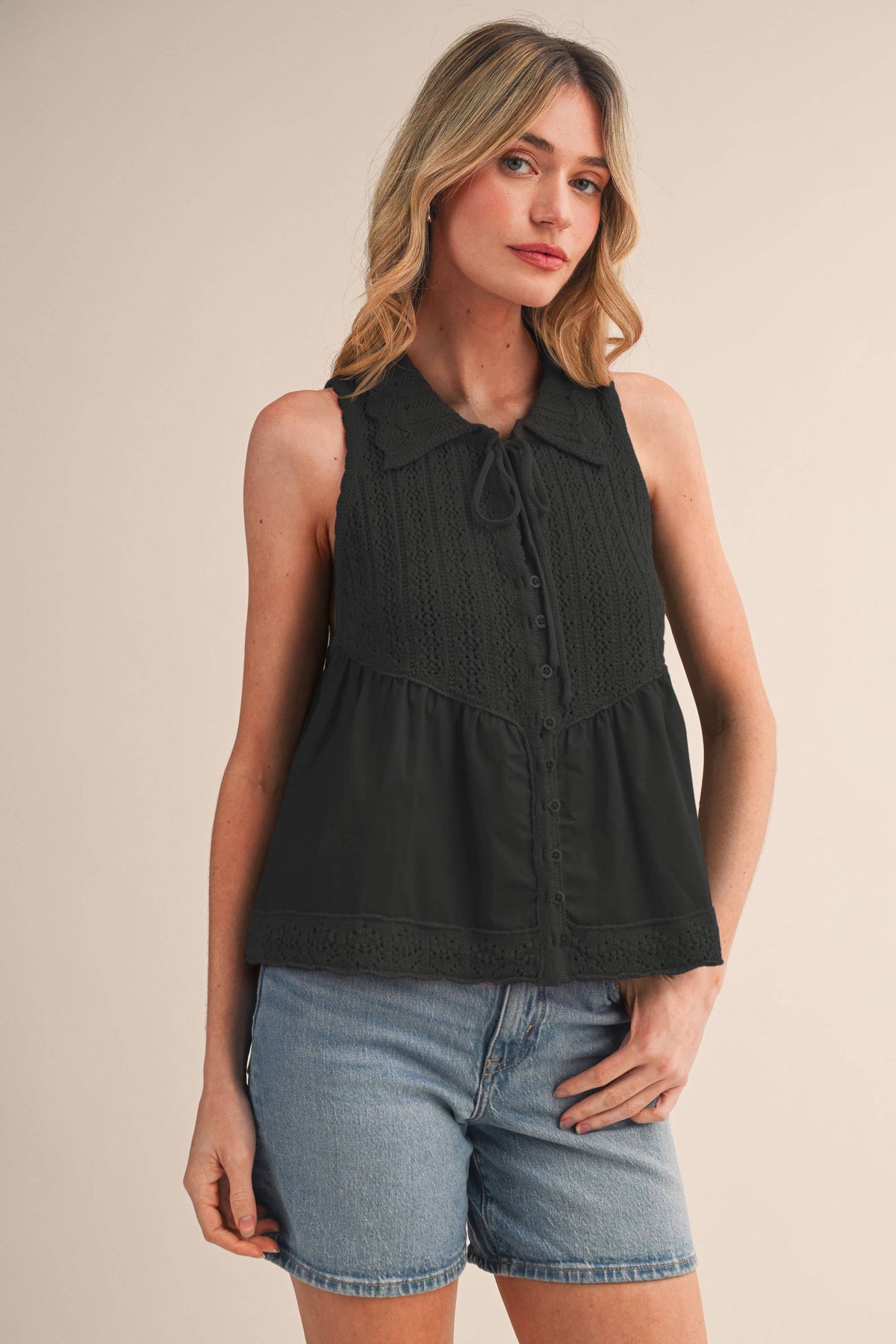 MIXED MEDIA COLLARED BUTTON DOWN SWEATER TOP MSW11289