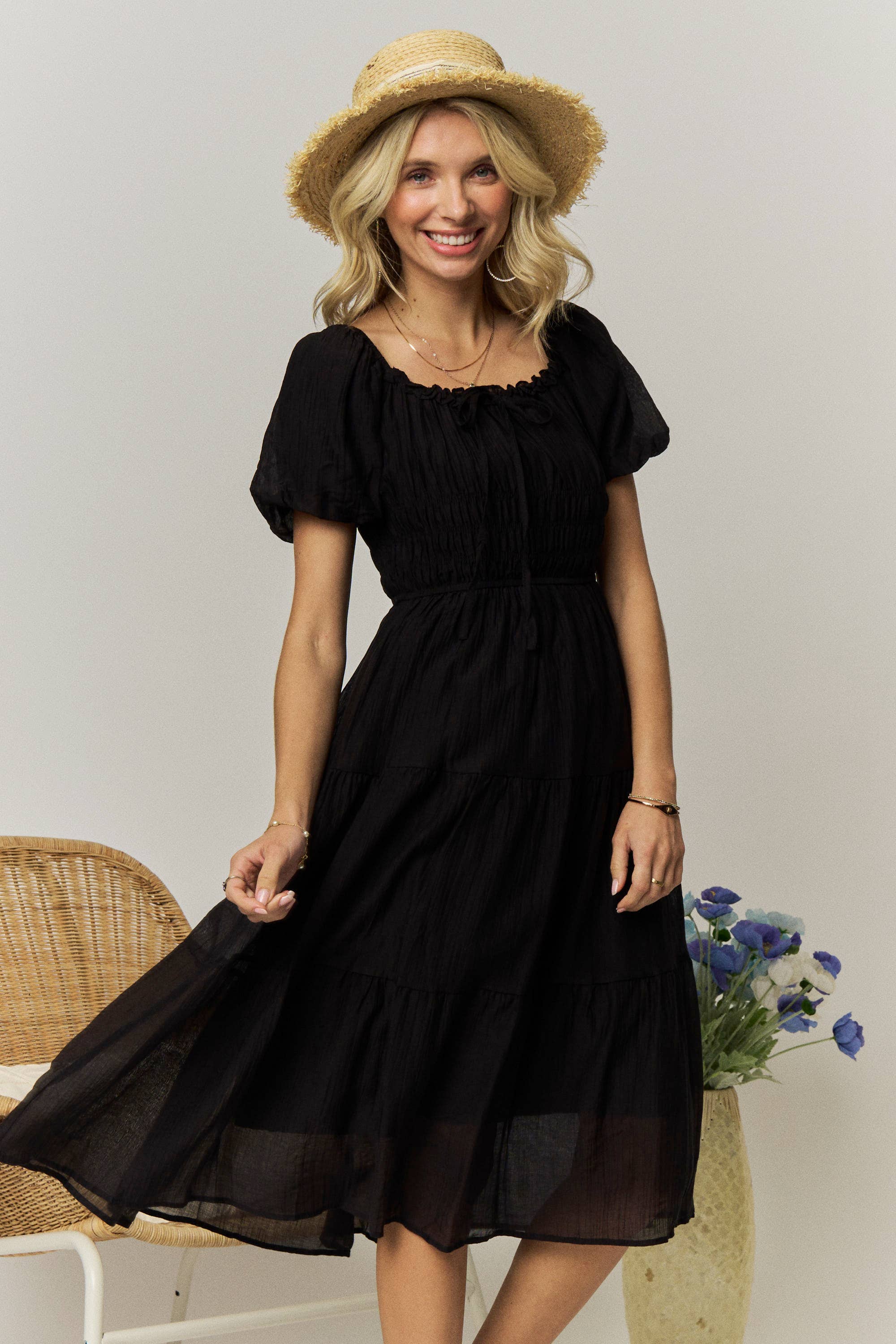 BOHO SMOCKED TIERED MIDI DRESS- LED4301