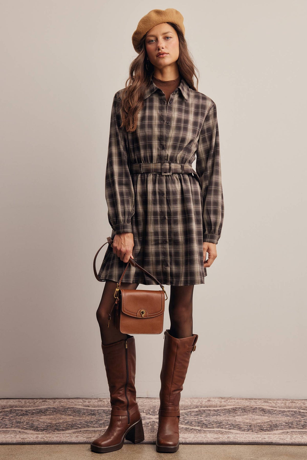 Belted Plaid Shirt Dress FD0063