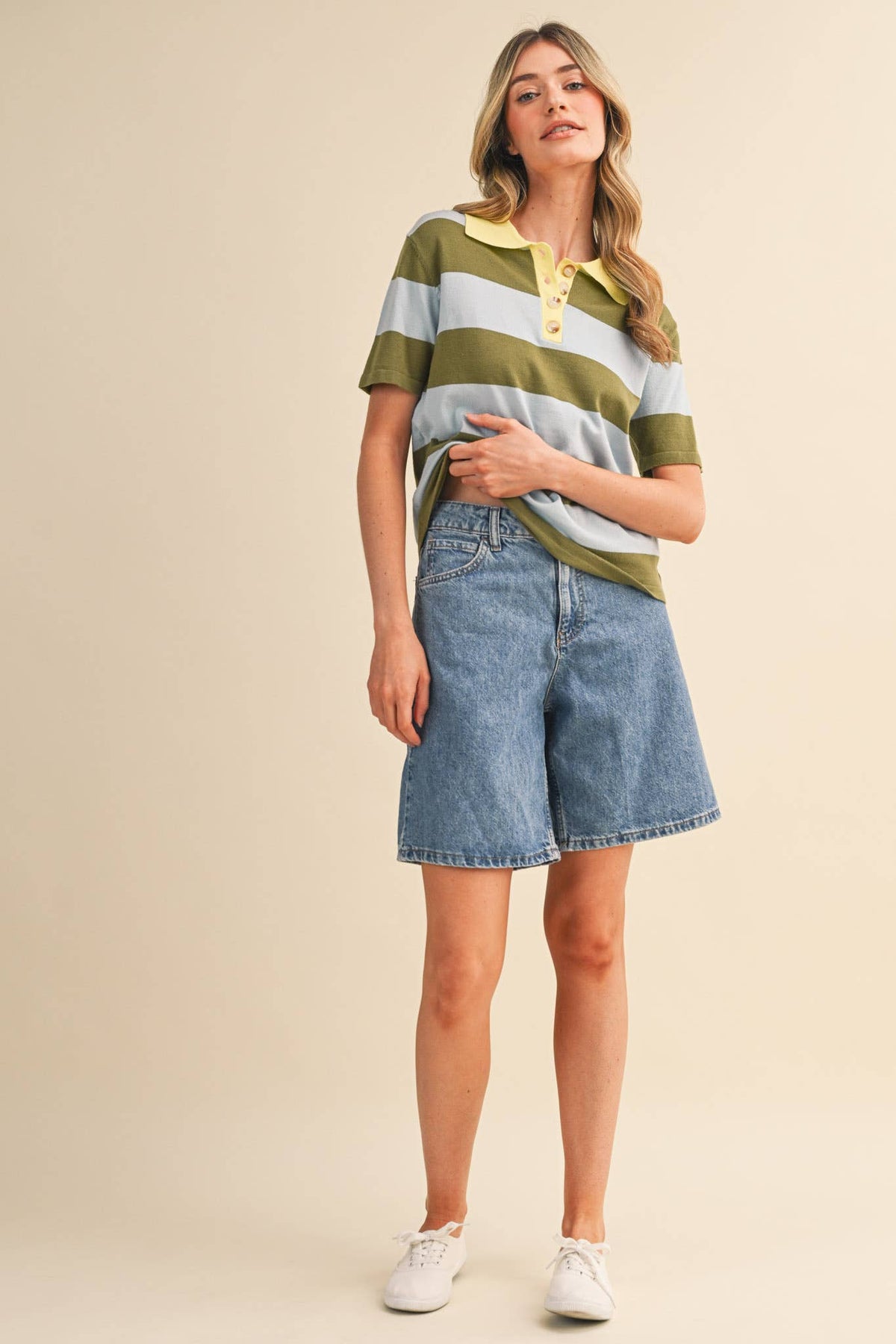 STRIPED SWEATER KNIT SHORT SLEEVE POLO MSW11339
