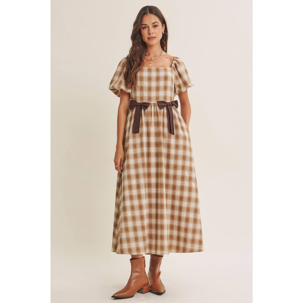 GOLDEN FIELD PLAID SMOCKED MIDI DRESS WITH CONTRAST BOW