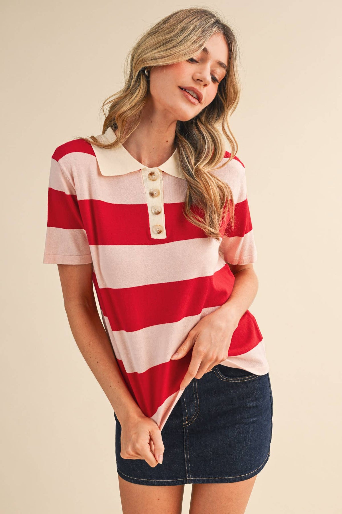 STRIPED SWEATER KNIT SHORT SLEEVE POLO MSW11339