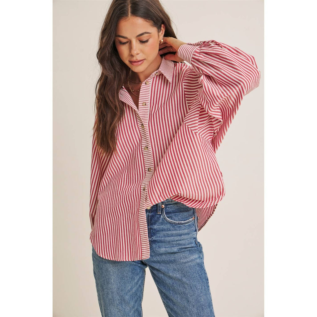 FRENCH CAFE MIXED STRIPE BATWING BUTTON-DOWN SHIRT
