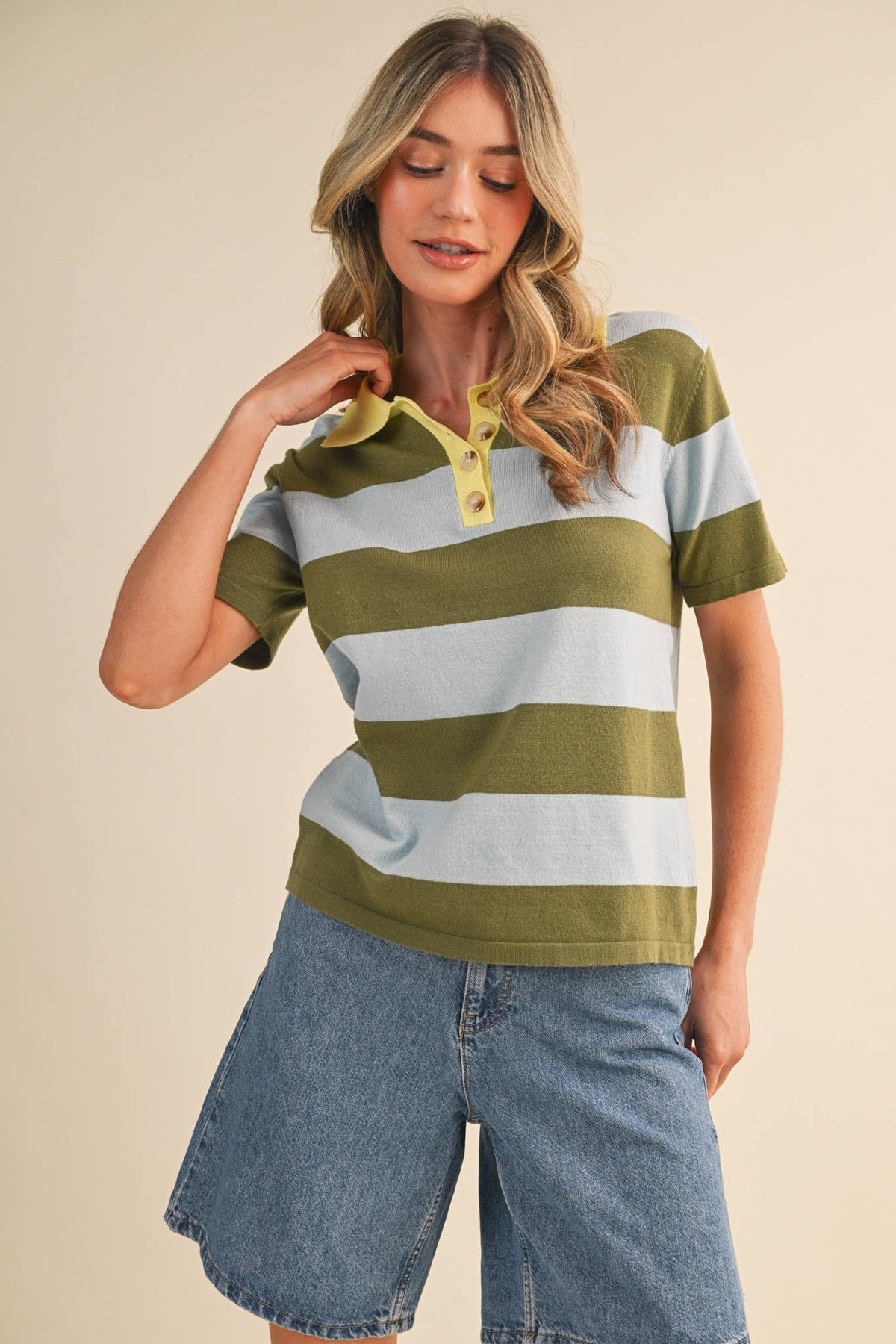 STRIPED SWEATER KNIT SHORT SLEEVE POLO MSW11339