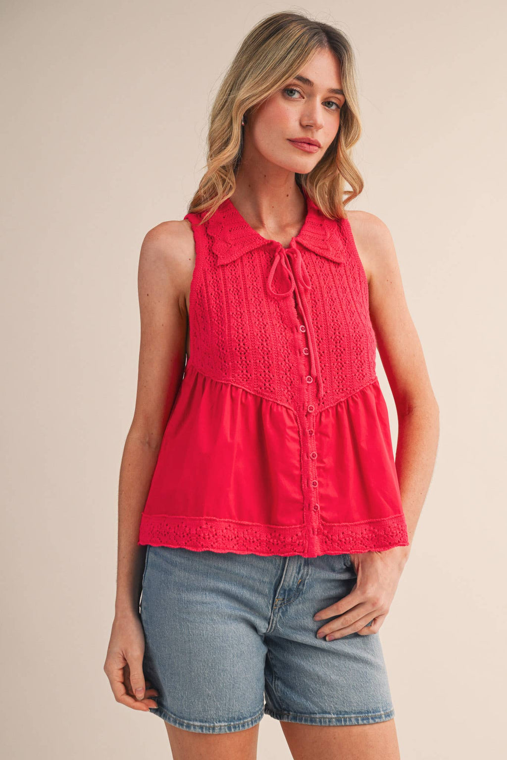 MIXED MEDIA COLLARED BUTTON DOWN SWEATER TOP MSW11289