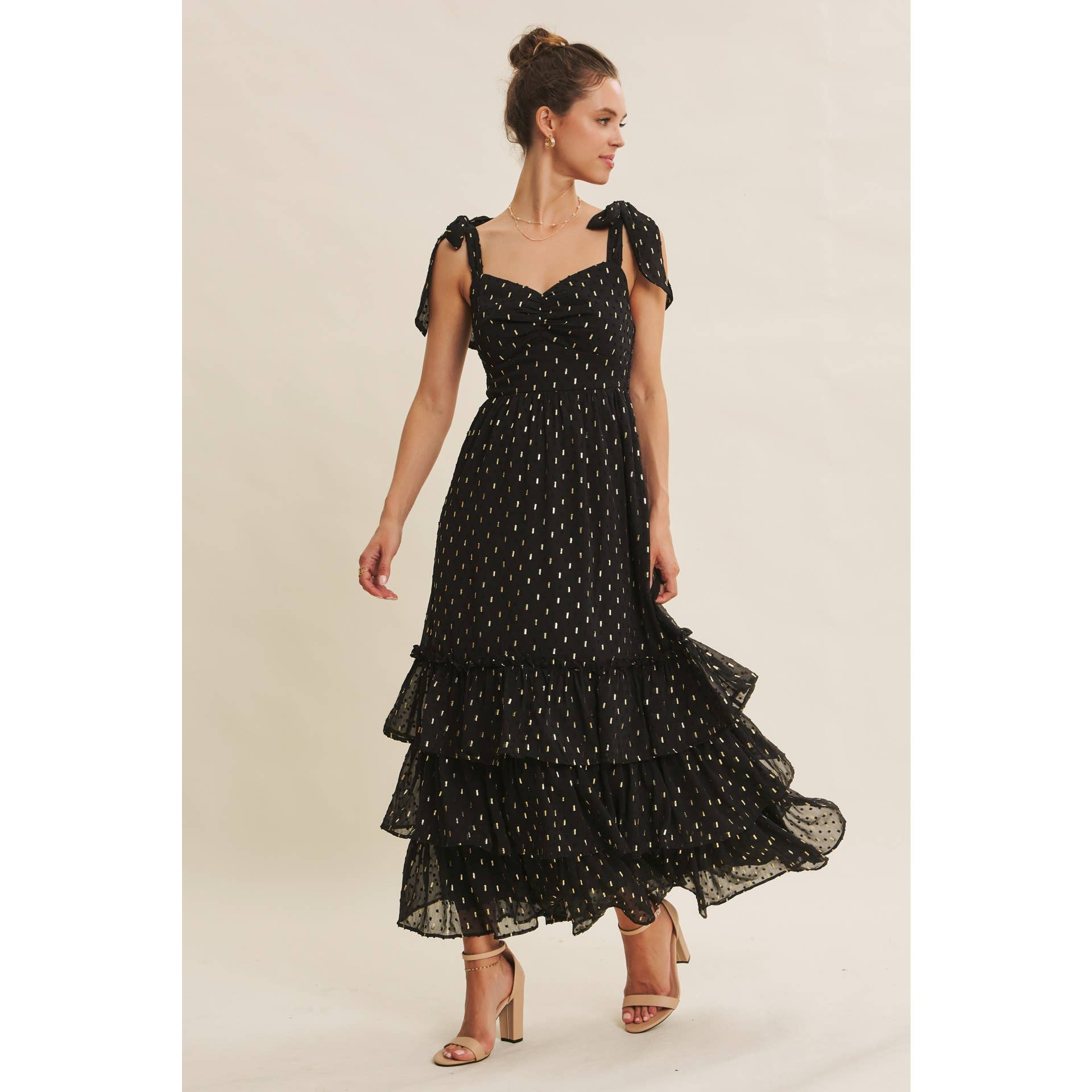 DESIGNED FOR MAGICAL MOMENT RUCHED FOIL SWISS DOT MAXI DRESS
