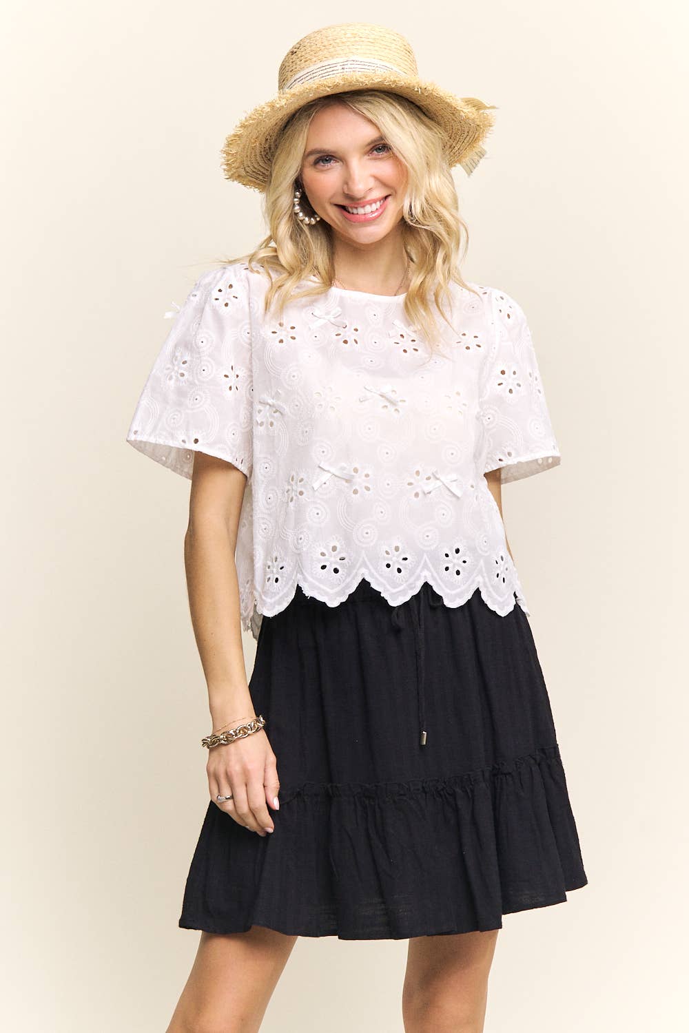 SHORT SLEEVE EYELET EMBROIDERED BLOUSE- LET4206