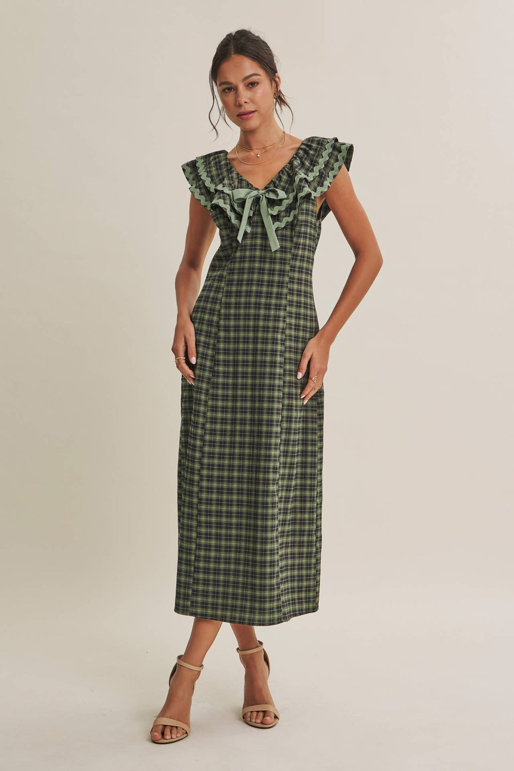 AUTUMN HARVEST RUFFLED PLAID BODY SKIMMING SLIT MIDI DRESS