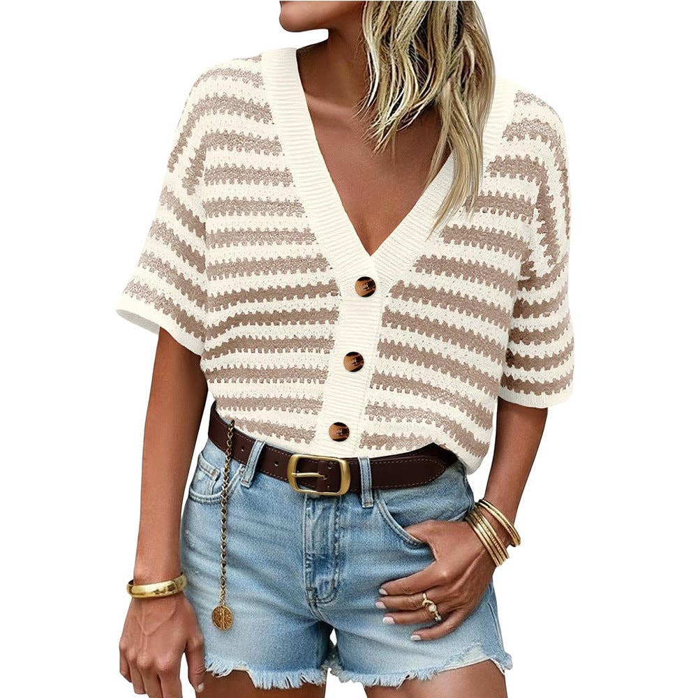 Striped Knit Cardigan Casual V Neck Button Front