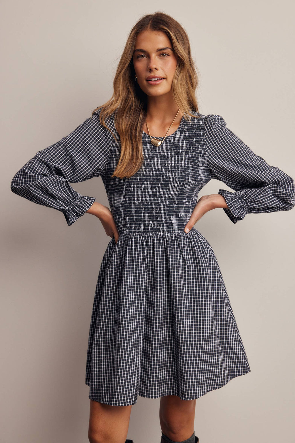 Smocked Gingham Mini Dress FD0071