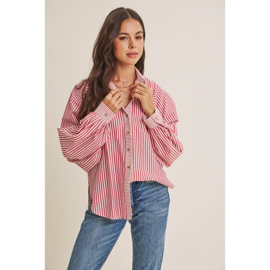 FRENCH CAFE MIXED STRIPE BATWING BUTTON-DOWN SHIRT