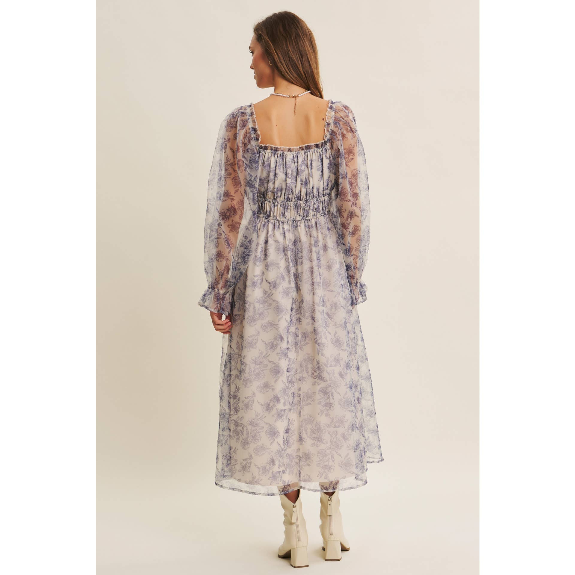 ETHEREAL GRACE FLORAL ORGANZA MIDI DRESS WITH ELASTIC WAIST