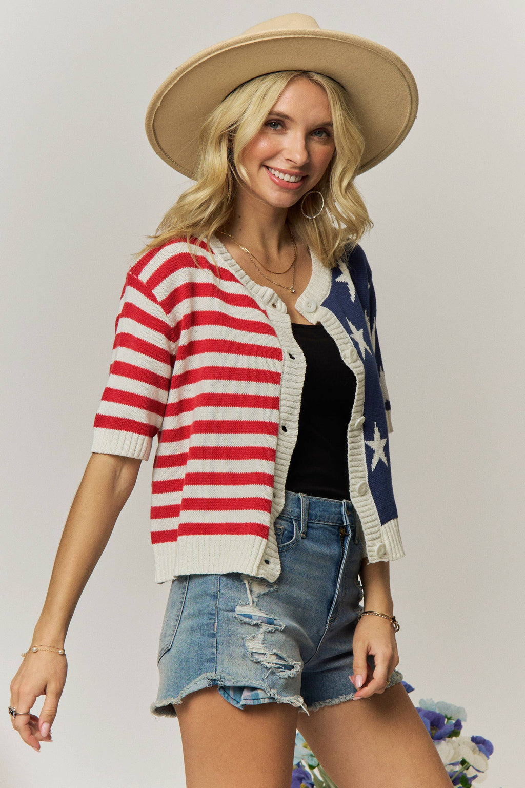 AMERICAN FLAG BUTTON FRONT KNIT SWEATER TOP- LESW4248
