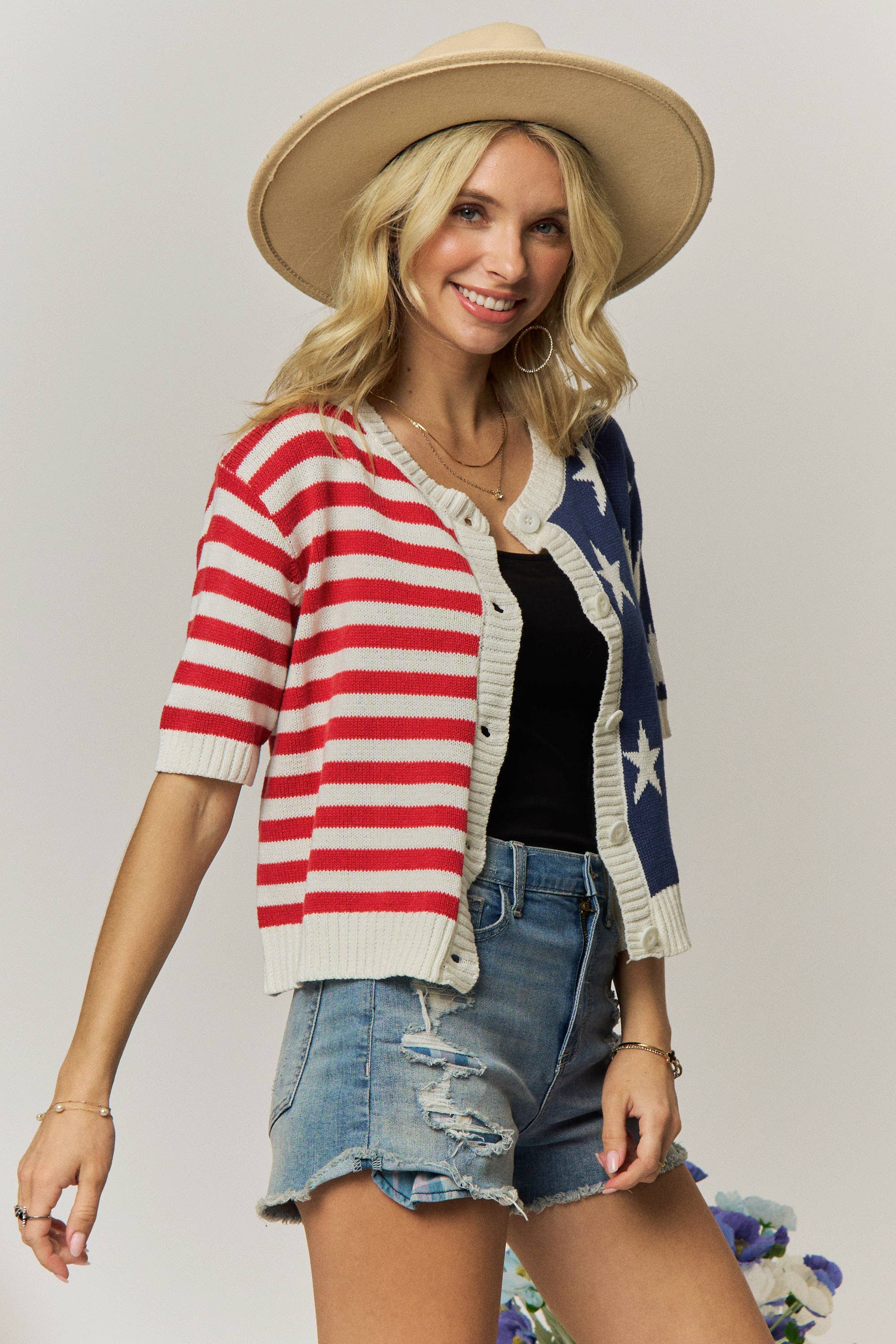AMERICAN FLAG BUTTON FRONT KNIT SWEATER TOP- LESW4248