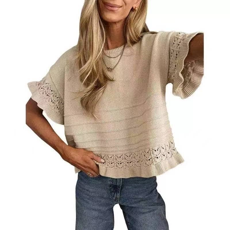 Boho Solid Knit Top Casual Eyelet Ruffle Sleeve