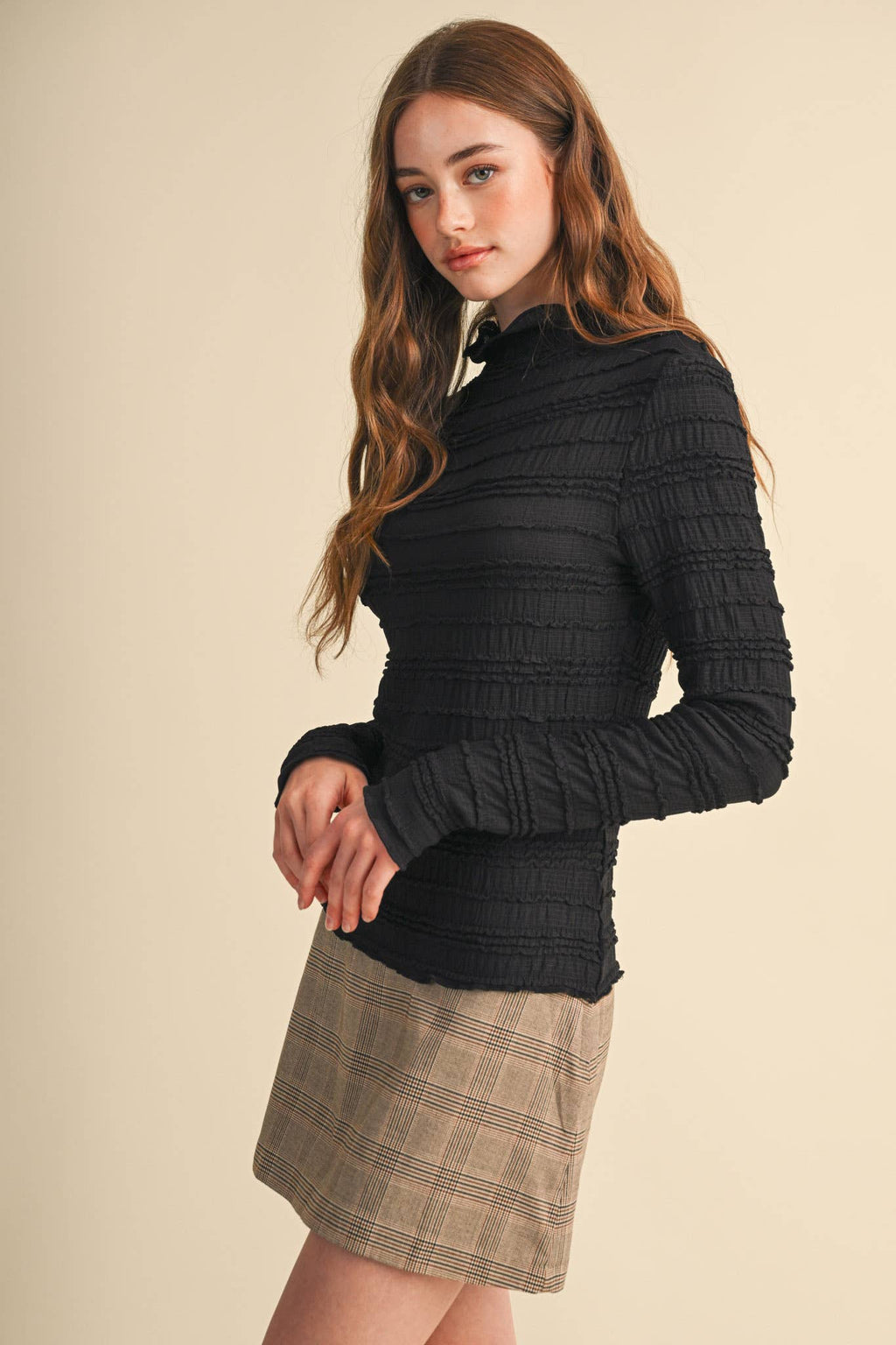 SHIRRED LONG SLEEVE MOCK NECK TOP MTP5407