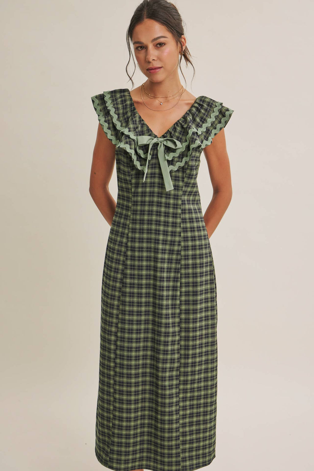 AUTUMN HARVEST RUFFLED PLAID BODY SKIMMING SLIT MIDI DRESS