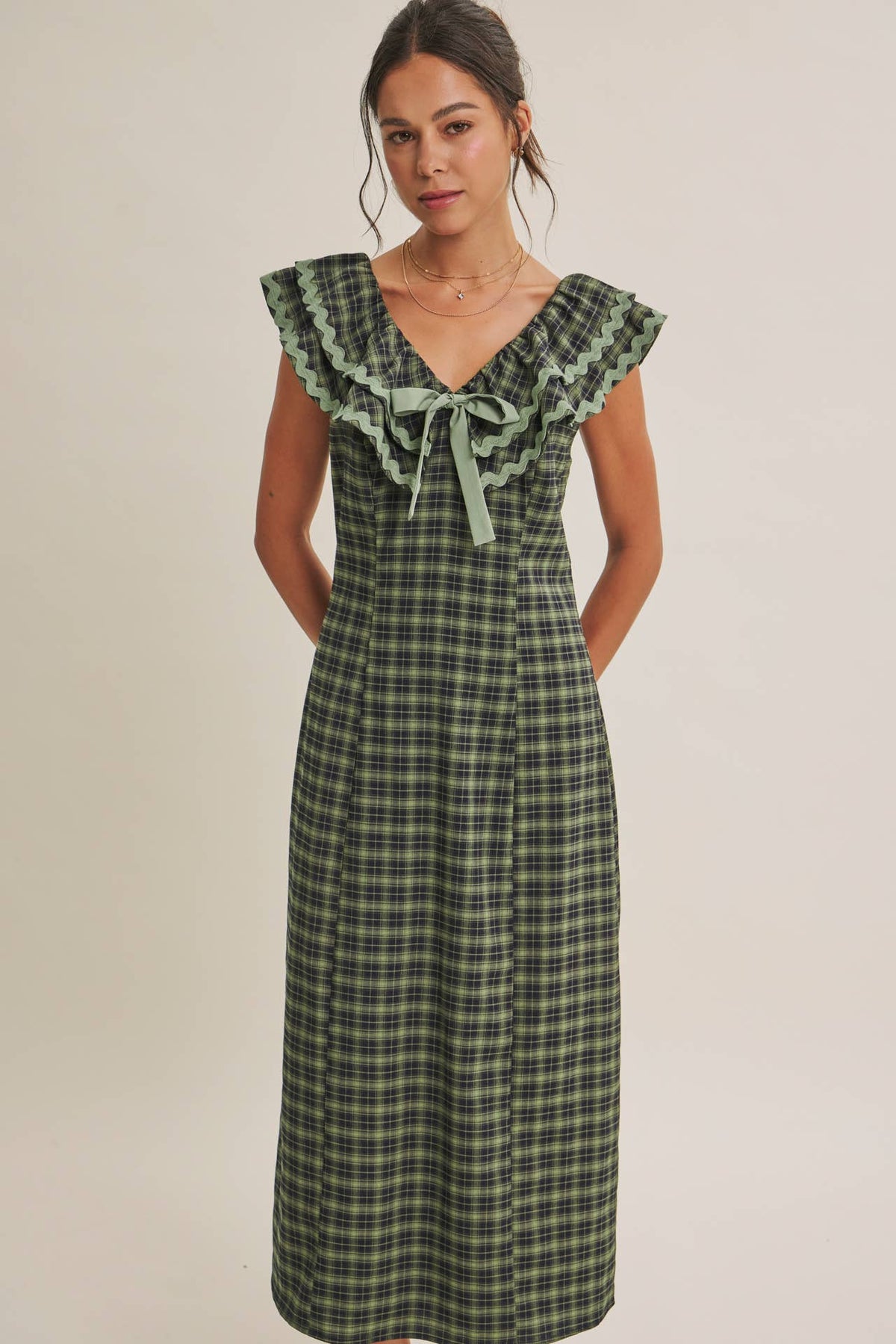 AUTUMN HARVEST RUFFLED PLAID BODY SKIMMING SLIT MIDI DRESS