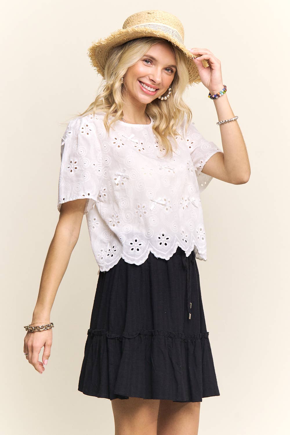 SHORT SLEEVE EYELET EMBROIDERED BLOUSE- LET4206