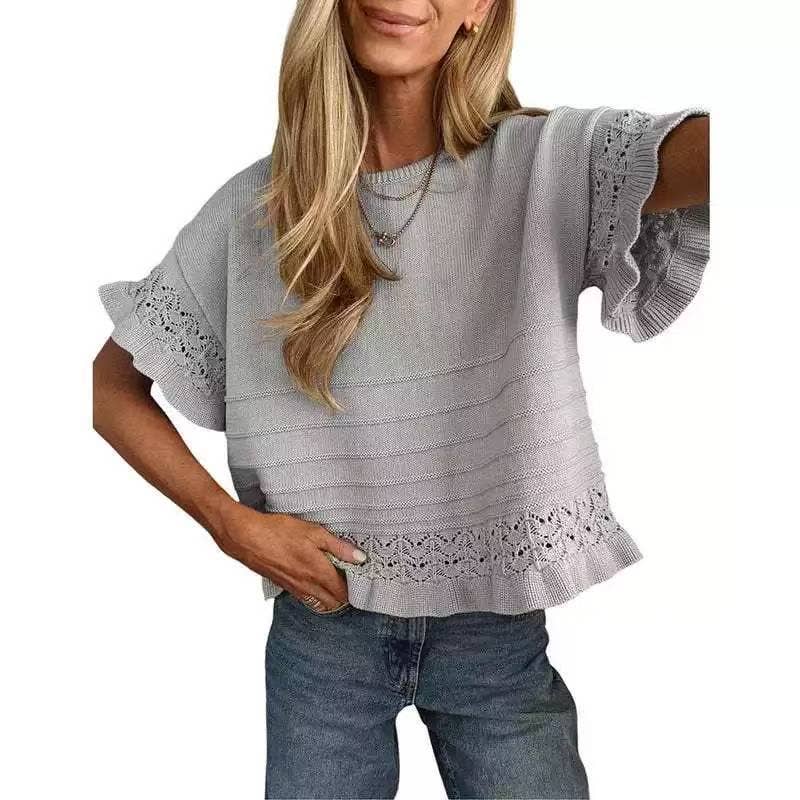Boho Solid Knit Top Casual Eyelet Ruffle Sleeve