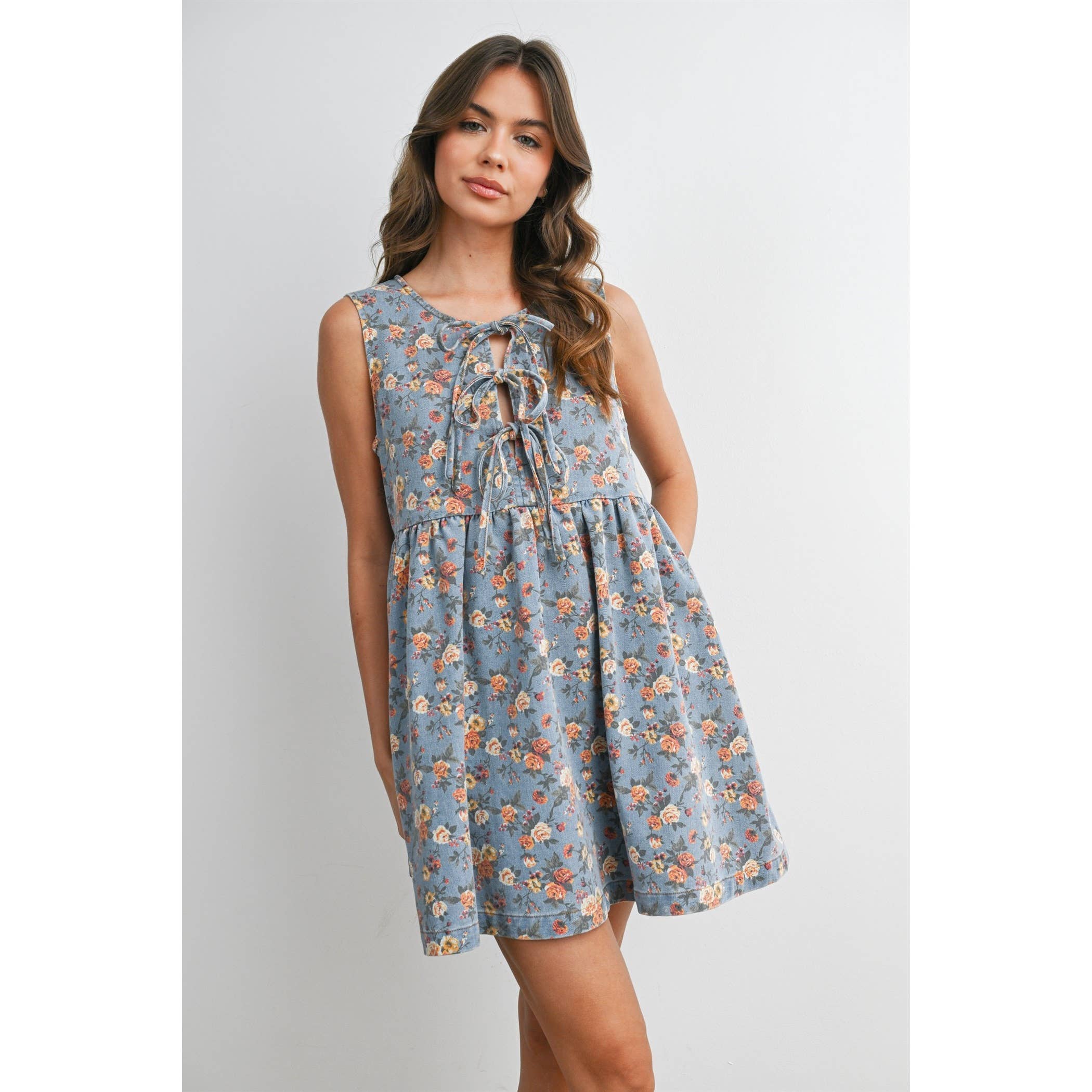 Floral Tie-Front Babydoll Dress - BMD8380