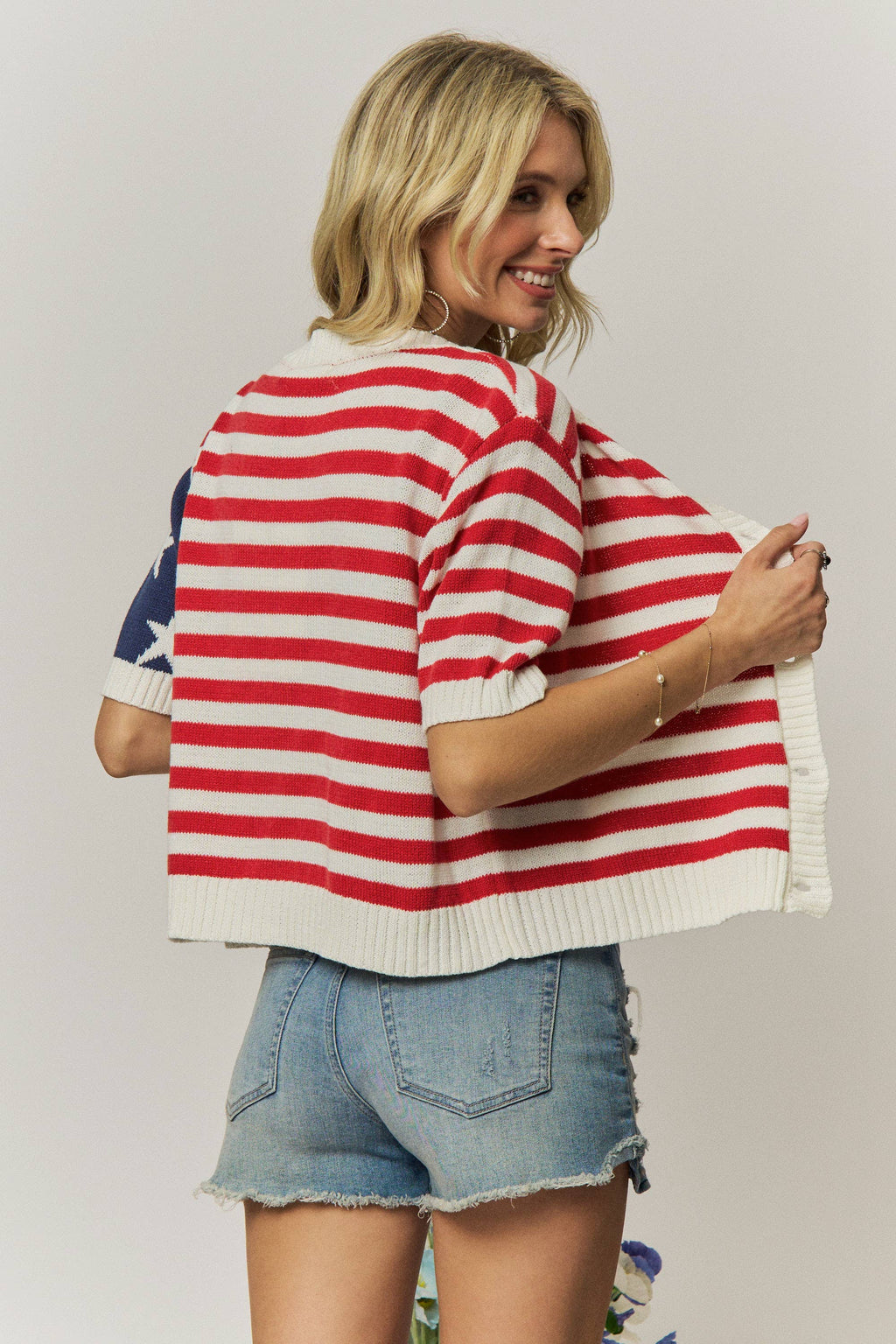 AMERICAN FLAG BUTTON FRONT KNIT SWEATER TOP- LESW4248