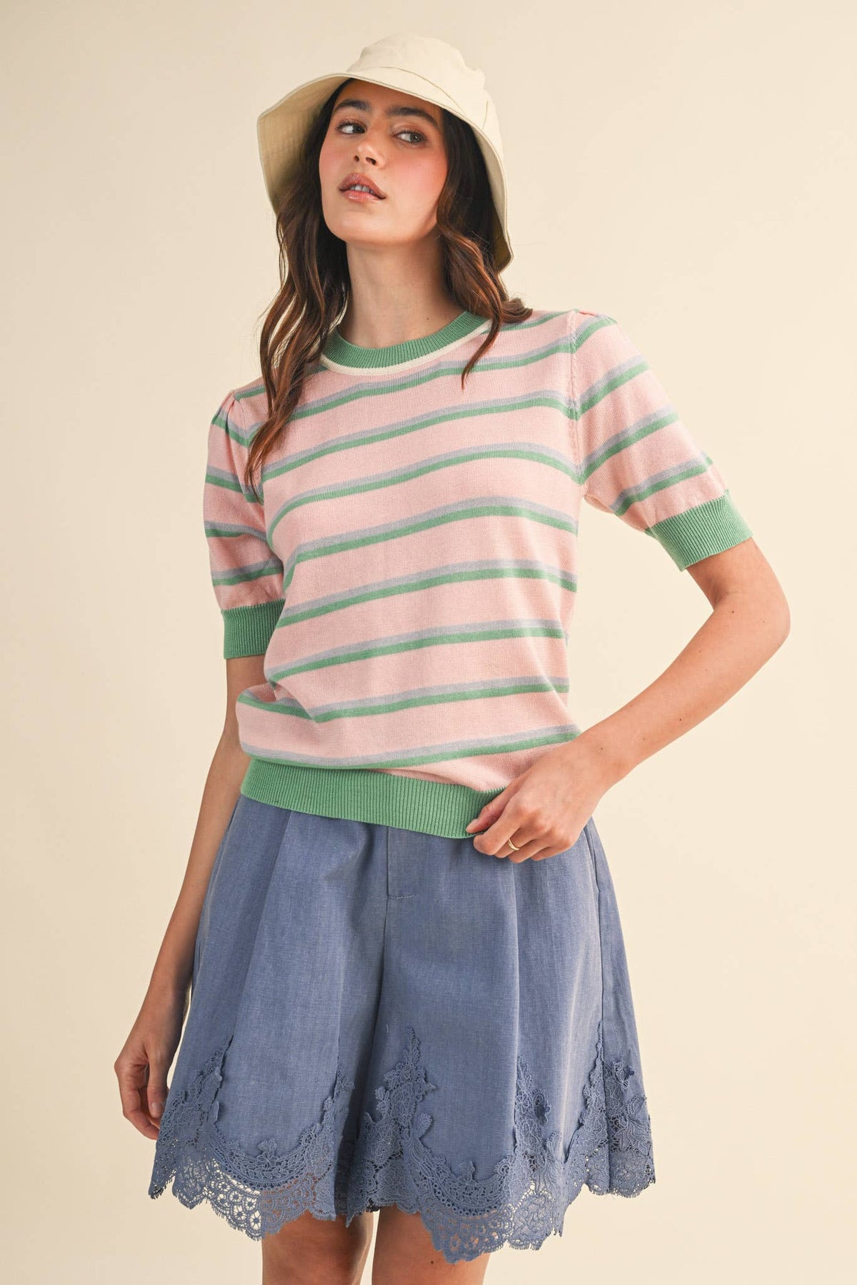 STRIPED SHORT SLEEVE SWEATER MSW11335