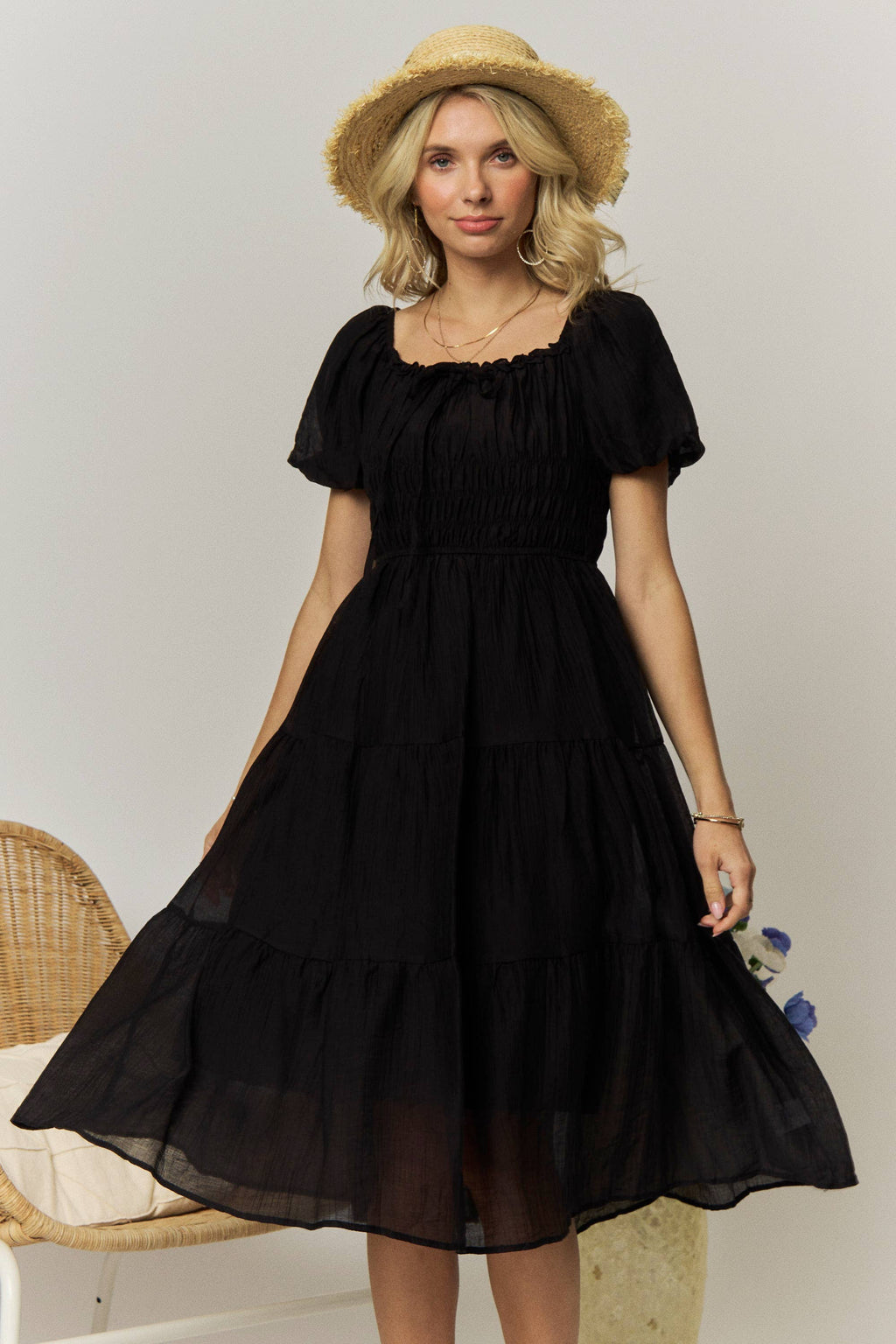 BOHO SMOCKED TIERED MIDI DRESS- LED4301