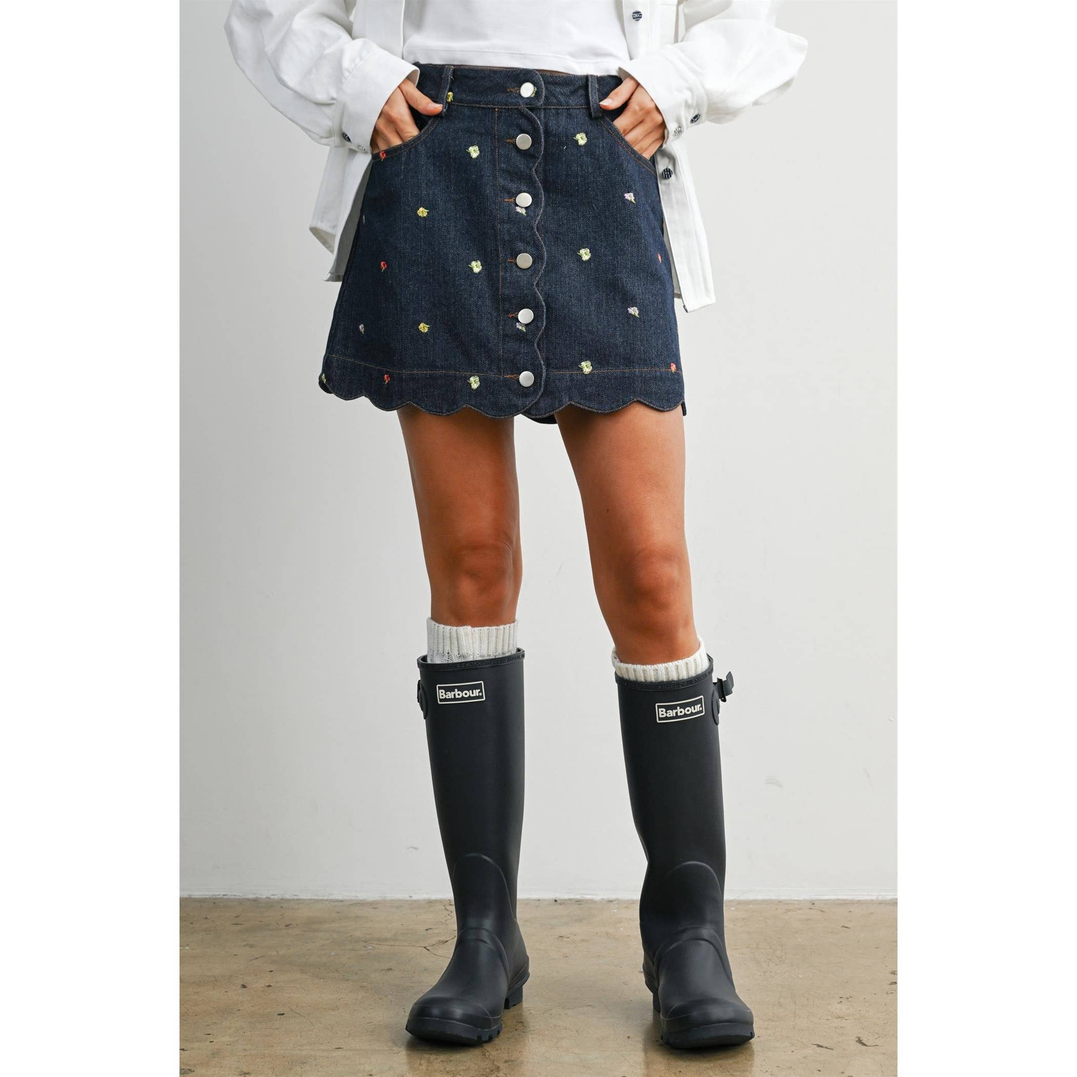 Floral Scalloped Hem Button-Down Skirt - BMS8168