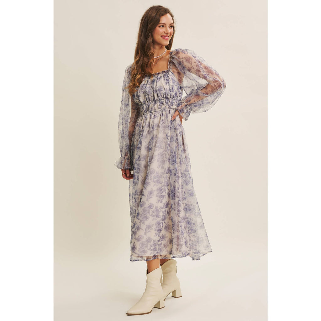 ETHEREAL GRACE FLORAL ORGANZA MIDI DRESS WITH ELASTIC WAIST