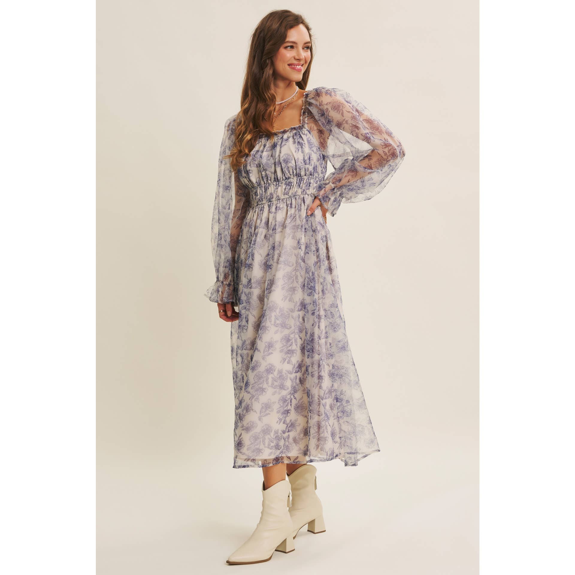 ETHEREAL GRACE FLORAL ORGANZA MIDI DRESS WITH ELASTIC WAIST