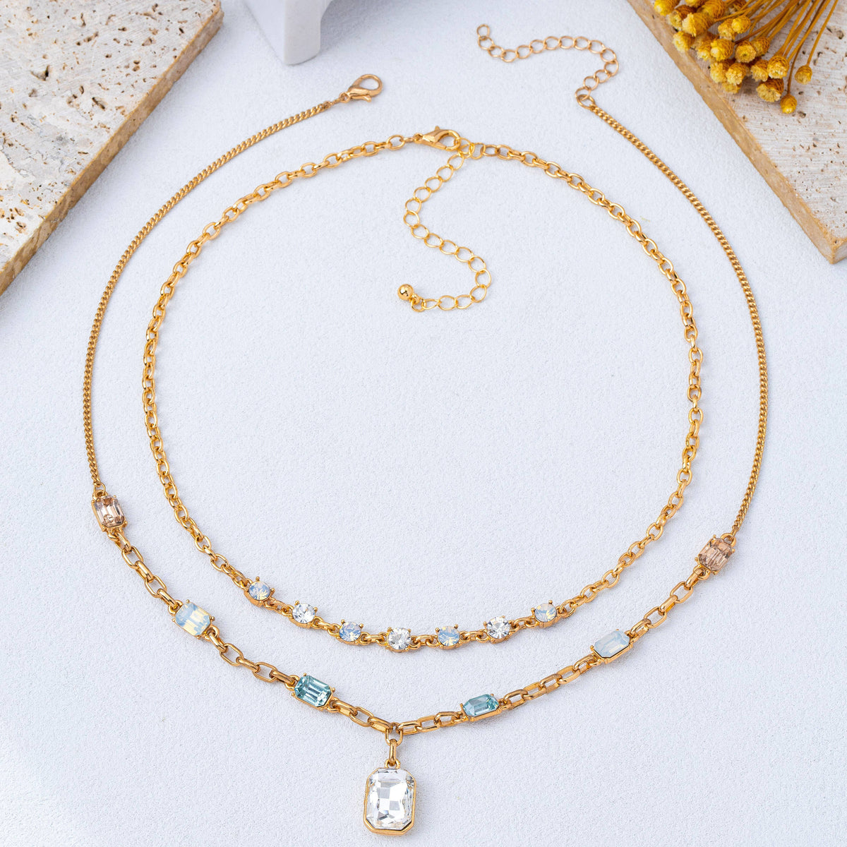 Pastel Layered Crystal Pendant Necklace Set | 80N93430