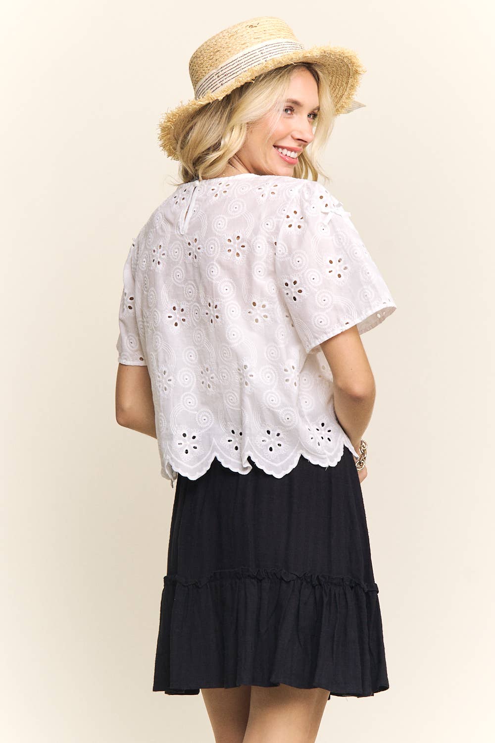 SHORT SLEEVE EYELET EMBROIDERED BLOUSE- LET4206