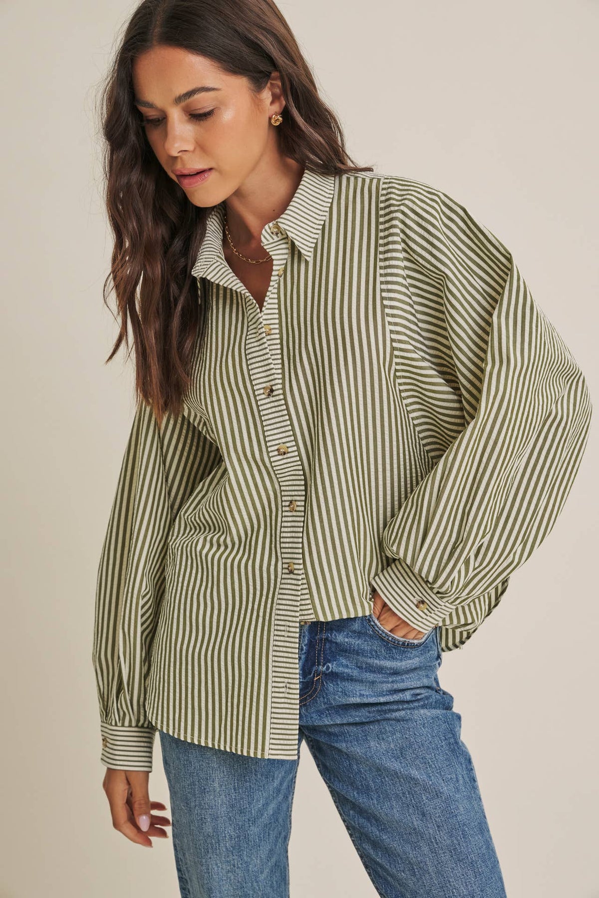 FRENCH CAFE MIXED STRIPE BATWING BUTTON-DOWN SHIRT