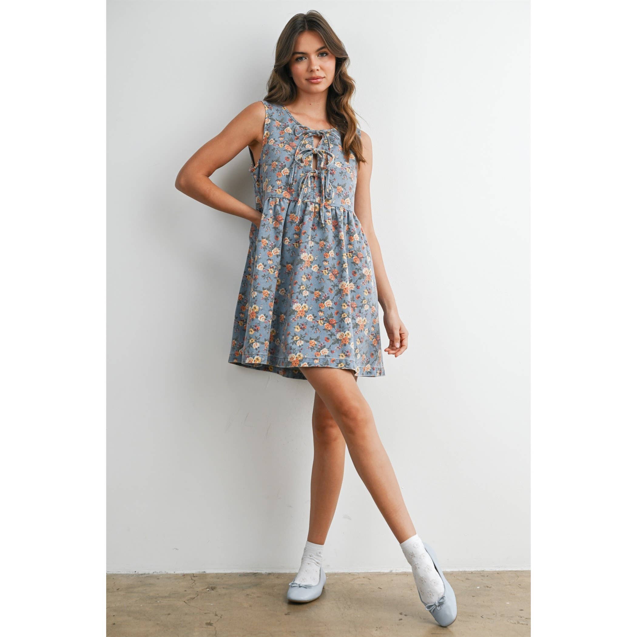 Floral Tie-Front Babydoll Dress - BMD8380