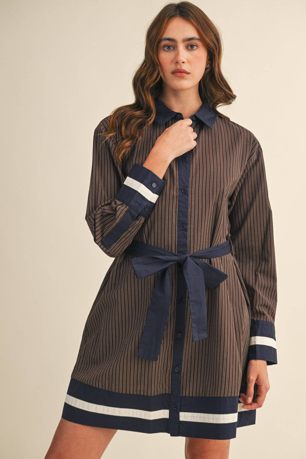 STRIPED BUTTON DOWN BELTED MINI DRESS MDR4225