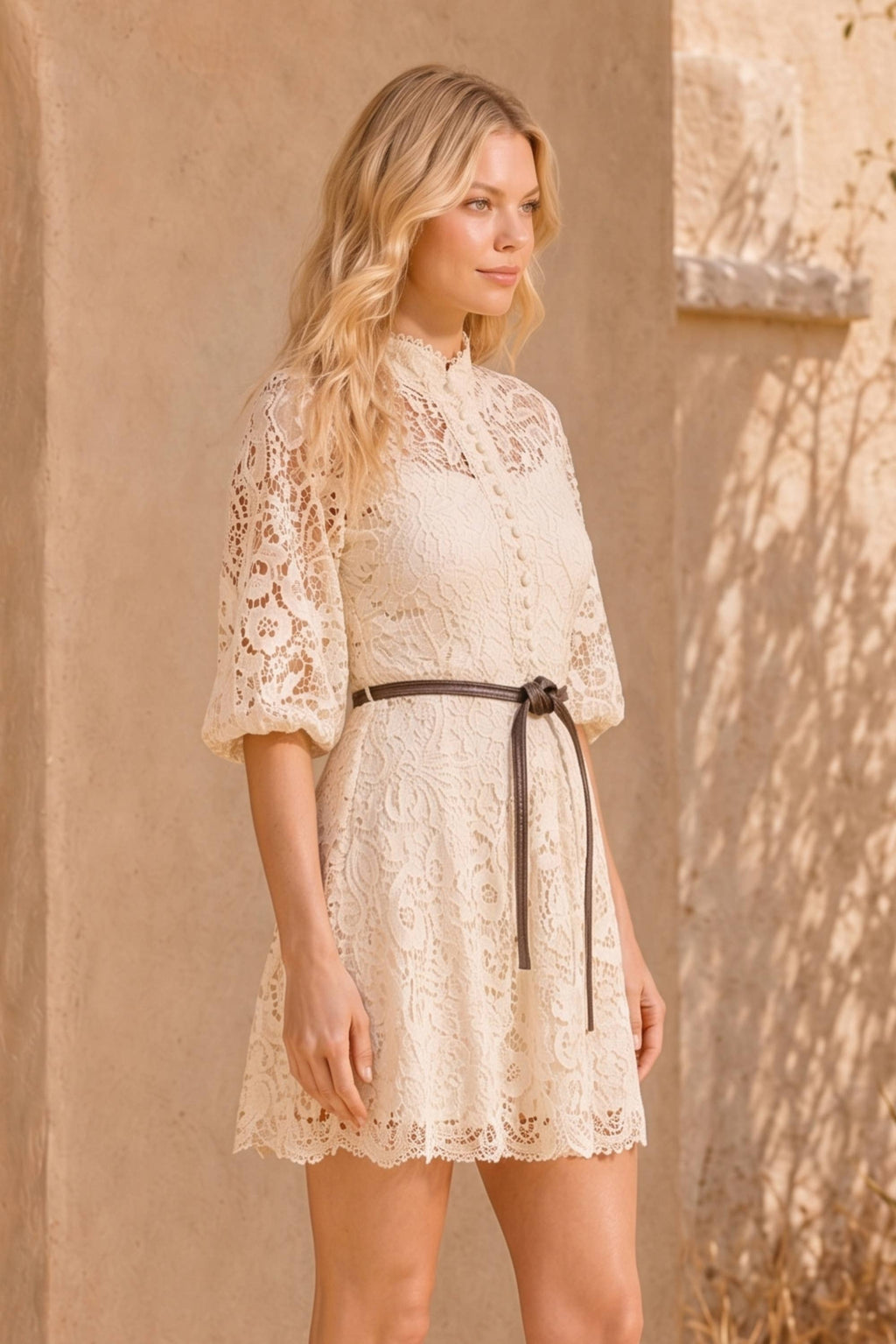 Mock Neck Collar Button Down Mini Lace Dress