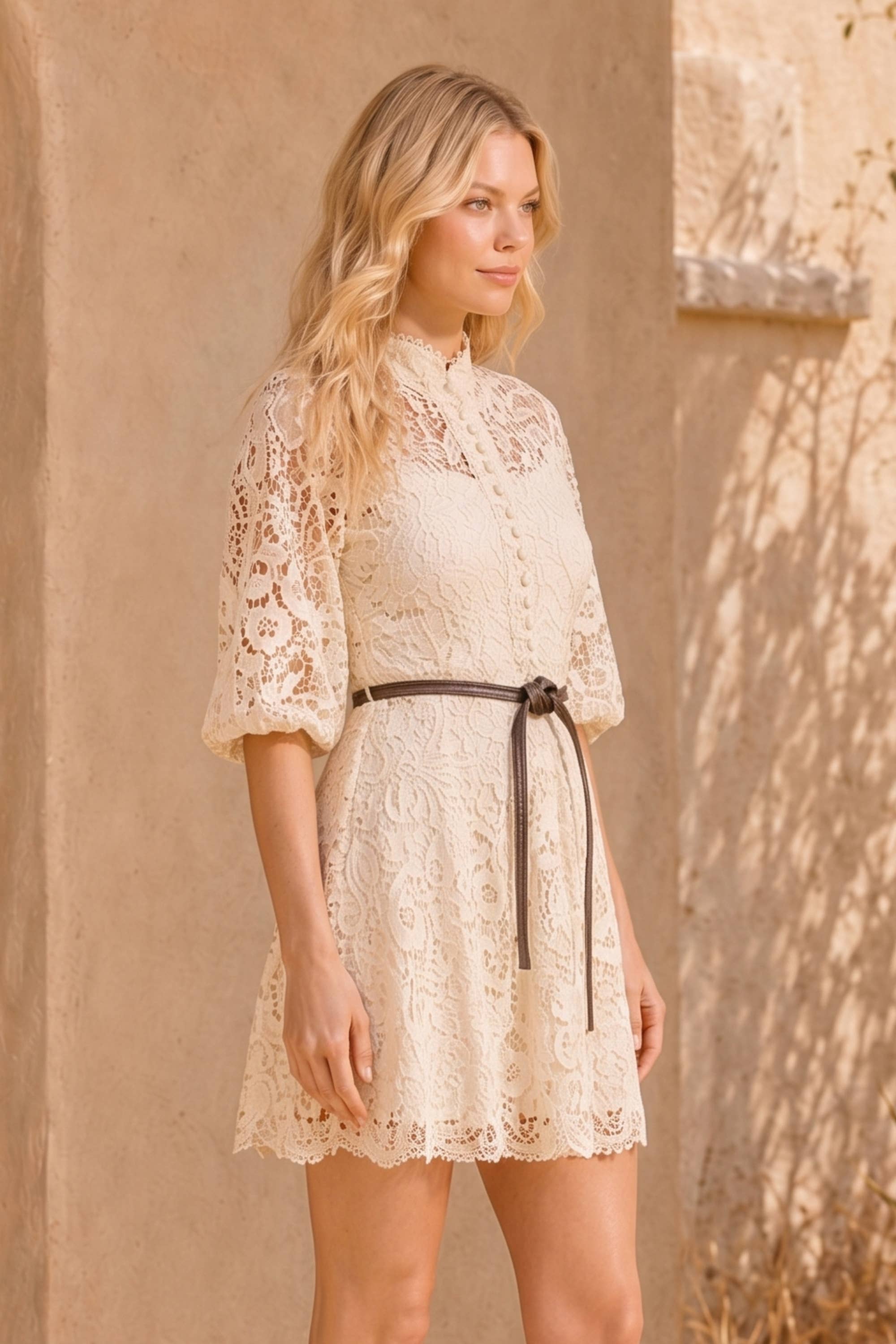 Mock Neck Collar Button Down Mini Lace Dress
