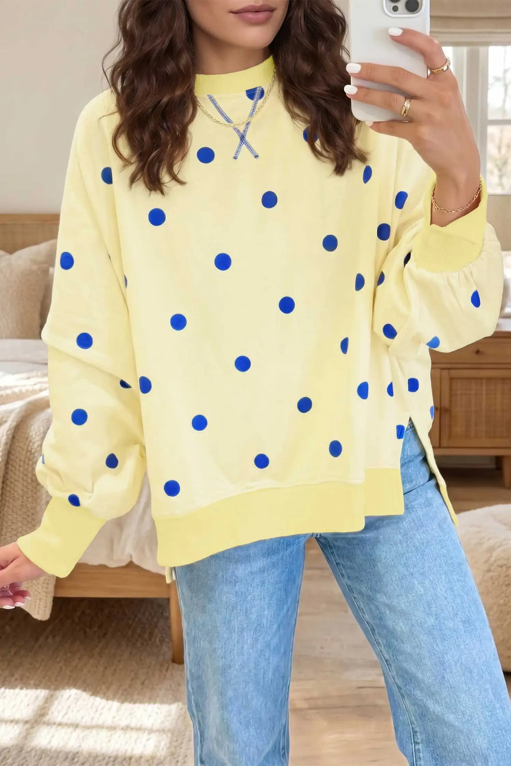 Polka Dot Sweatshirt Oversized Balloon Sleeve Top